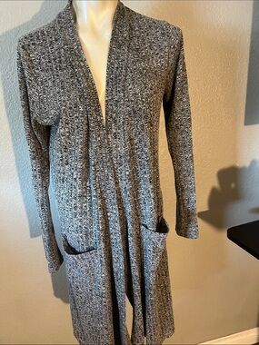 Women's Long Gray Ribbed Open-Front Knit Dress with Pockets